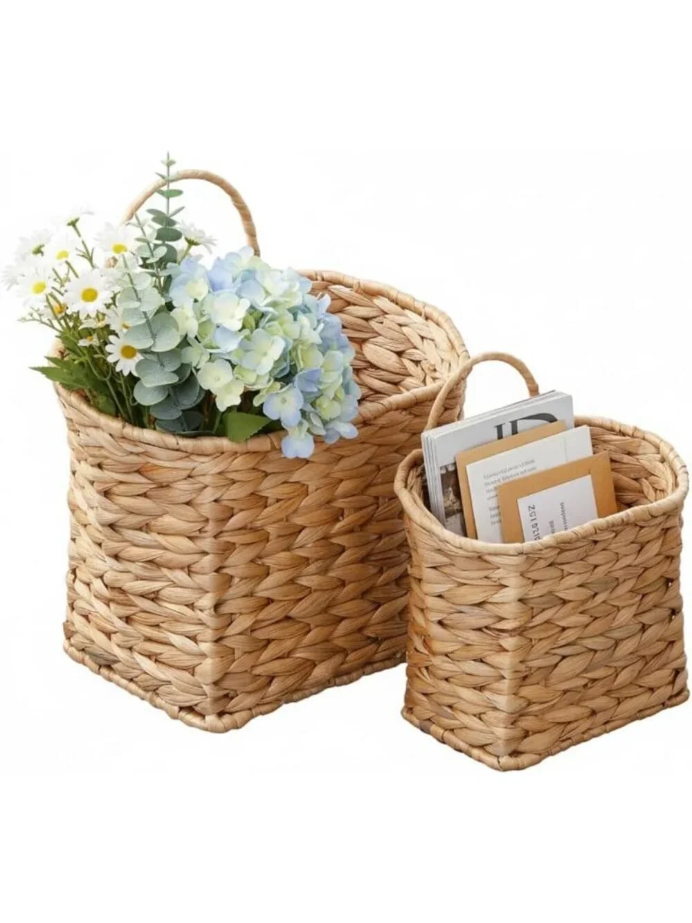 Set of 2 Wicker Hanging Baskets - Natural Water Hyacinth Wall Planters for Home
